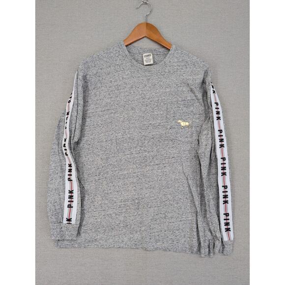 PINK Victoria’s Secret Medium Racing Stripe Gold Sequin Dog T Shirt Gray -825F62 - Picture 1 of 10
